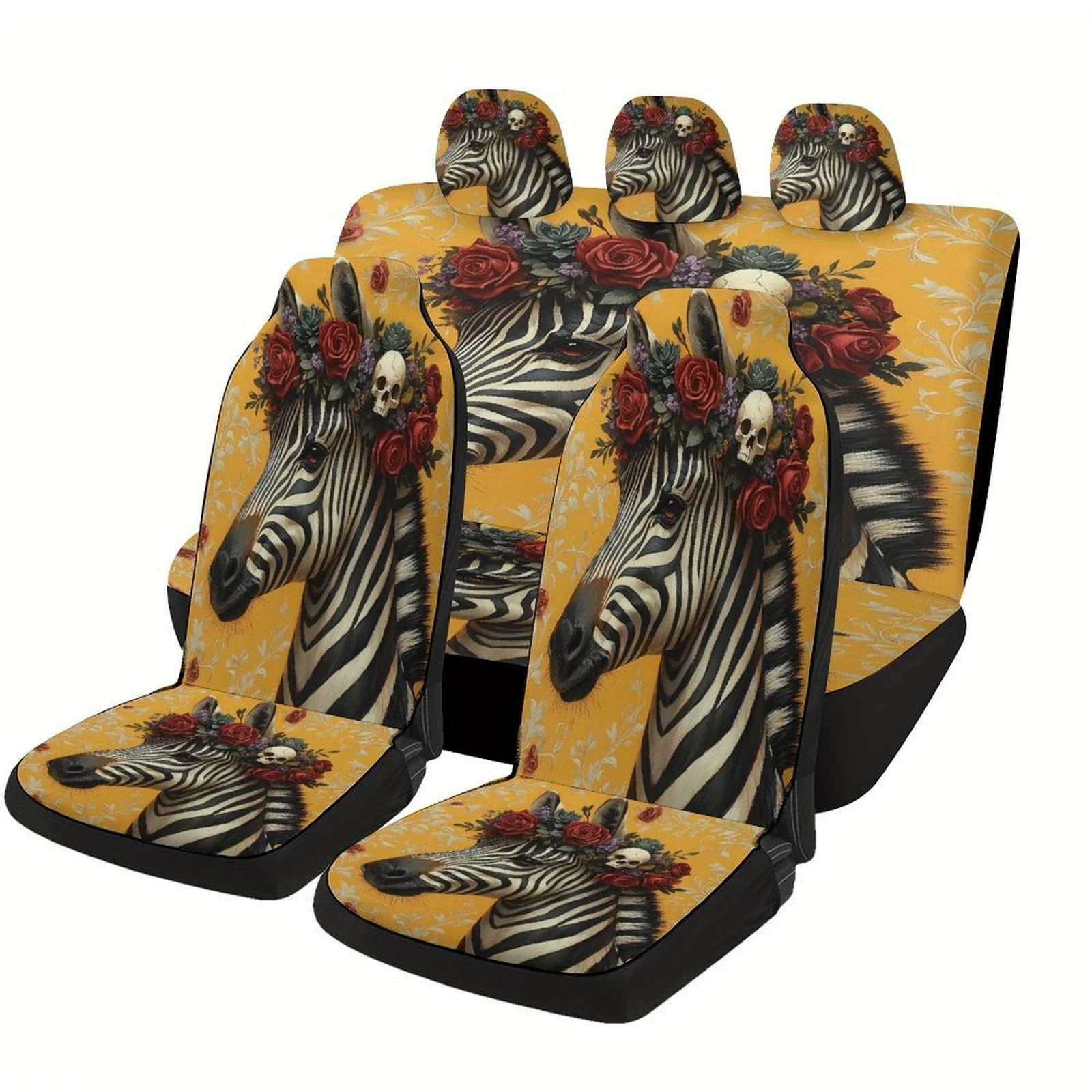 

Zebra Floral Skull Crown Themed Car Seat Cover Set For Most Cars, Trendy Novelty Car Seat Protector Covers Full Set, Universal C