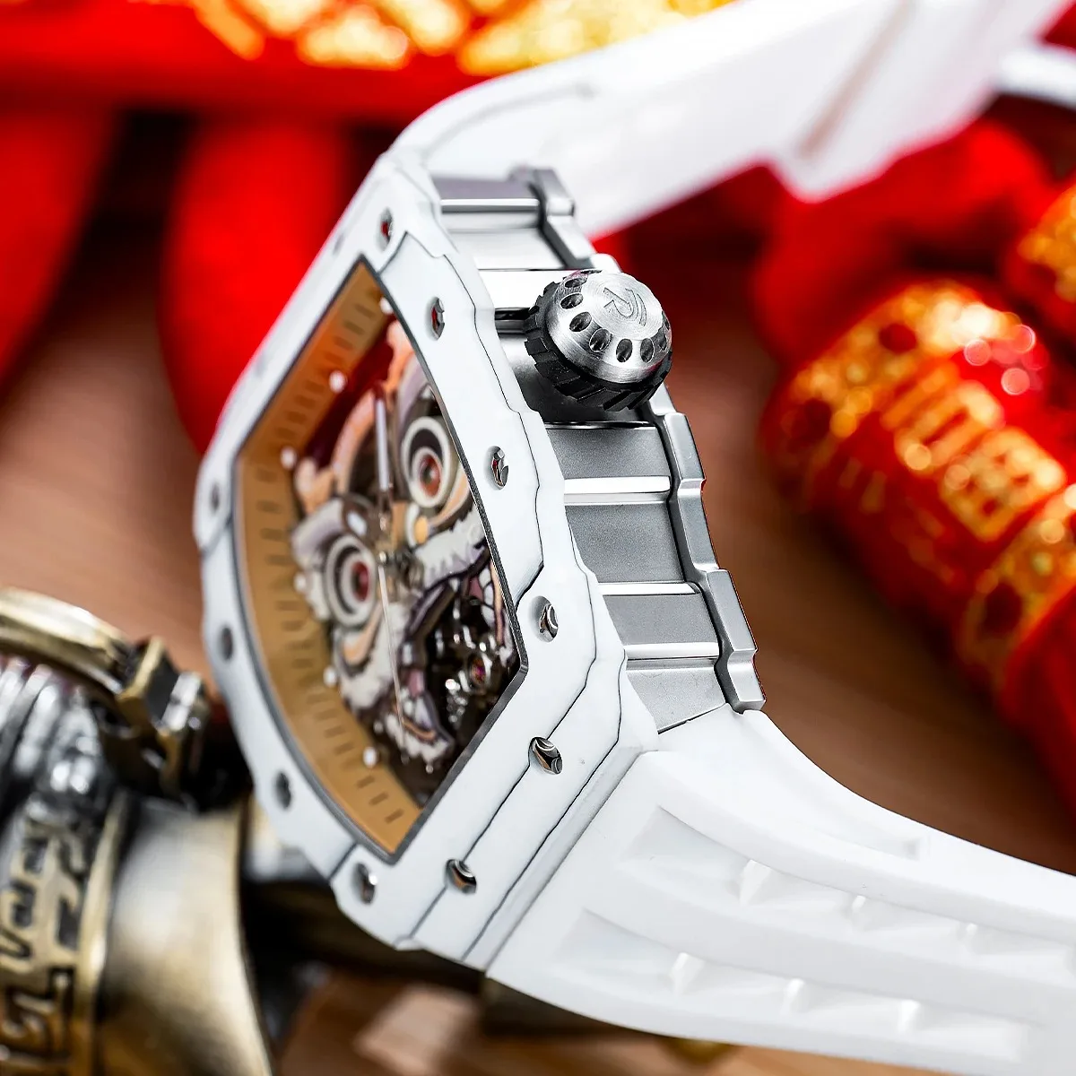 Reef Tiger-Reloj de pulsera automático para hombre, cronógrafo mecánico de lujo, caja Tonneau, esqueleto, esfera De León luminosa completa, bisel de fibra de carbono