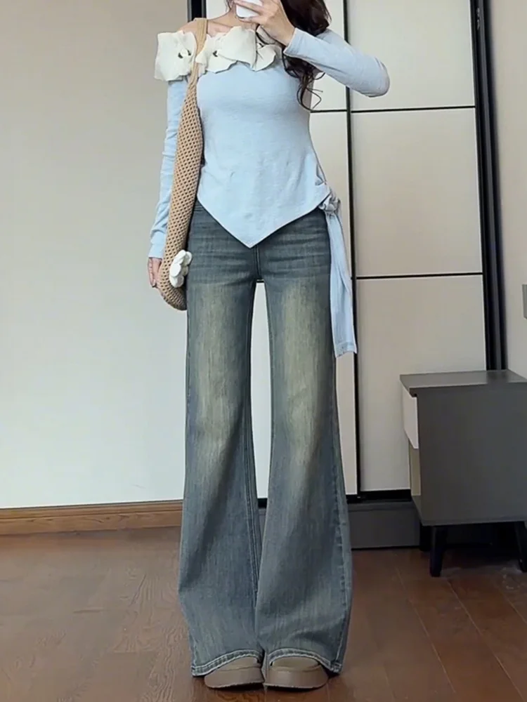 Fce Lined Thiened Micro Flared Jeans Women's Autumn Winter New Large Size Fat MM High Waist Non-Matching Leg Elastic Fla...