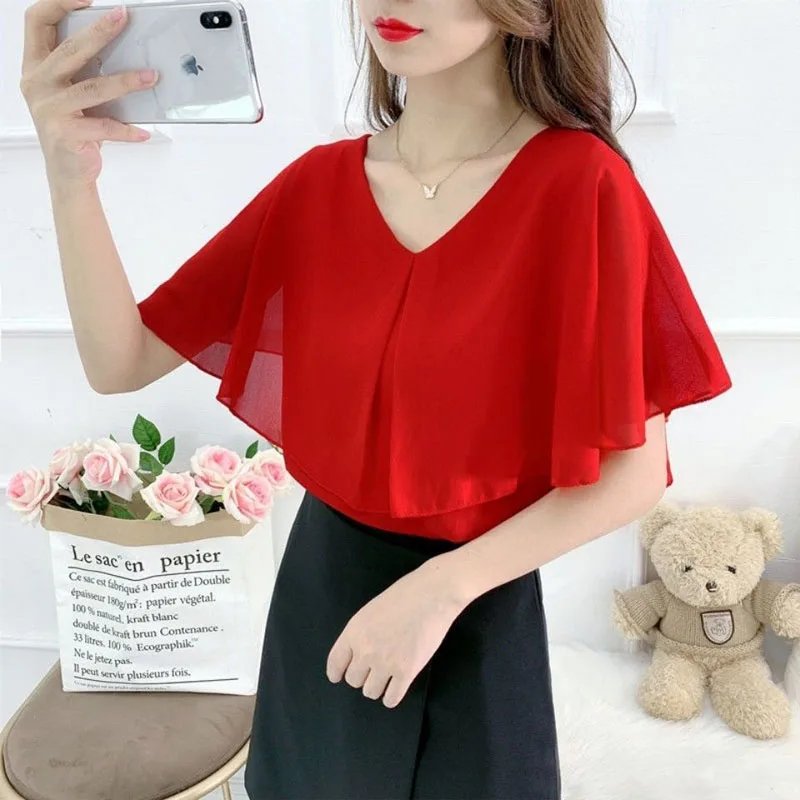 Women Casual V-neck Batwing Sleeve Solid Color Thin Chiffon Shirt 2022 Summer All-match Basics Pullovers Loose Oversize Blouse