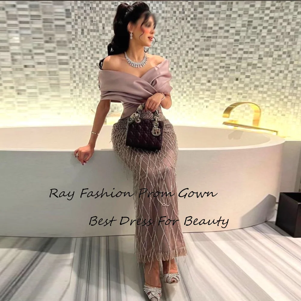 Ray Fashion Mermaid Prom Dress V Neck Off Shoulder With Short Sleves Ankle Length Evening Gowns فساتين سهرة Saudi Arabia