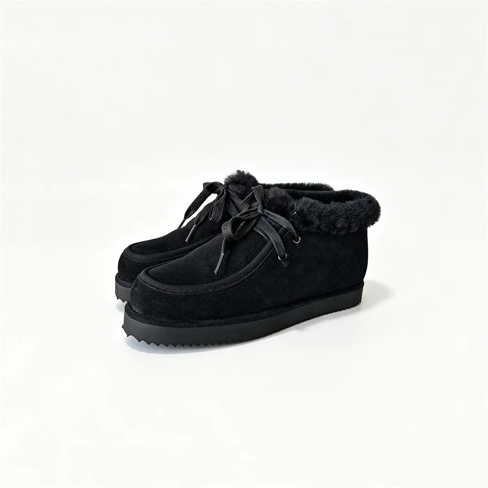 Women's Cow Suede Ankle Boots - Lace-Up Fur-Lined Winter Shoes