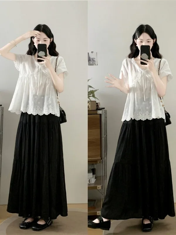 

Women's Summer 2026 Lace Trim V-neck Belted High Waist Midi Skirt Two-piece Set Fashionable Commute Style Polyester Blend