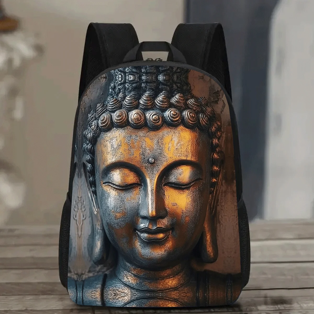 

A 17-inch casual backpack with Buddha print, lightweight and durable, with a laptop bag and a water bottle cover
