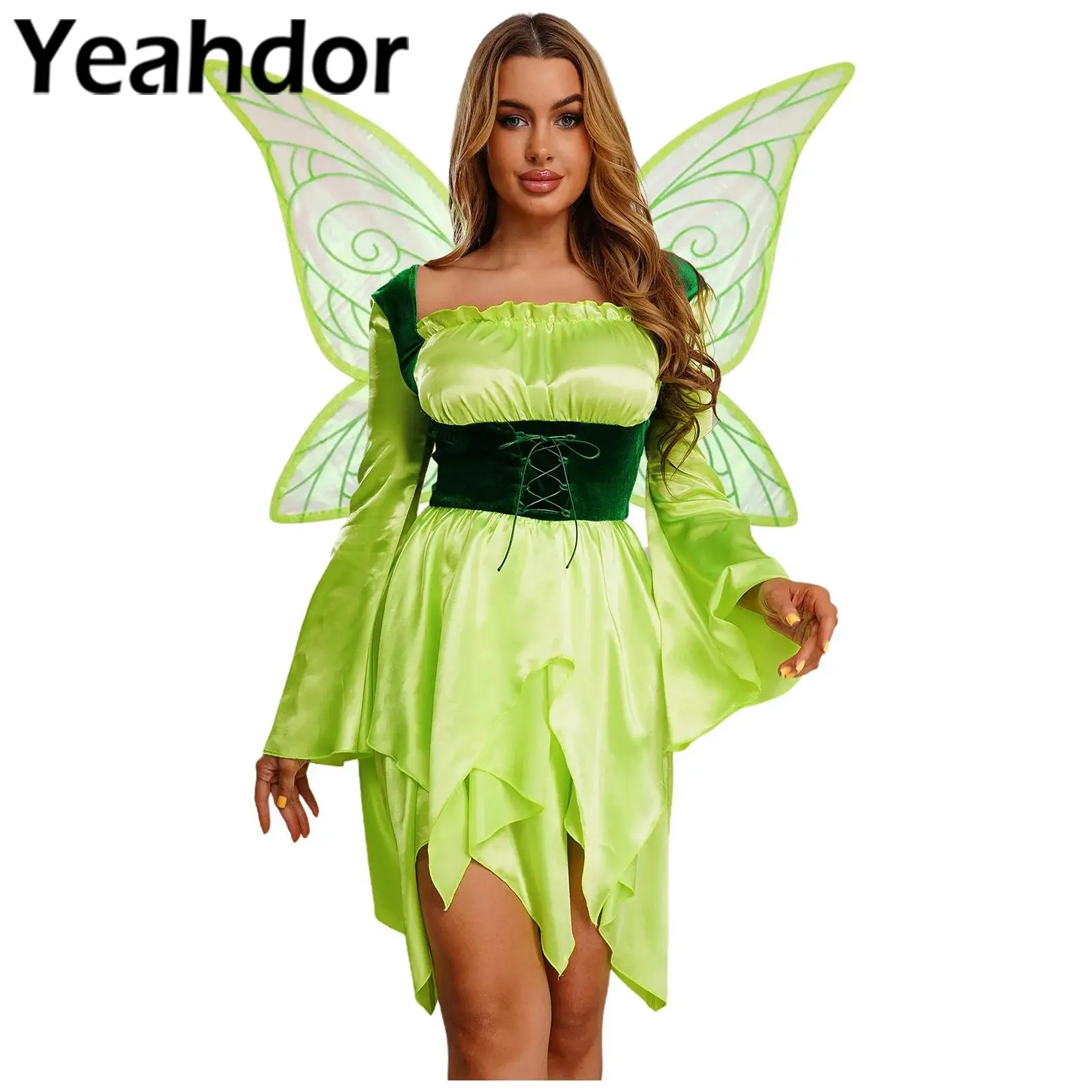 فستان نسائي Elf Fairy التنكري مع أجنحة زي كرنفال الهالوين مع صدرية بأربطة وأكمام واسعة للحفلات