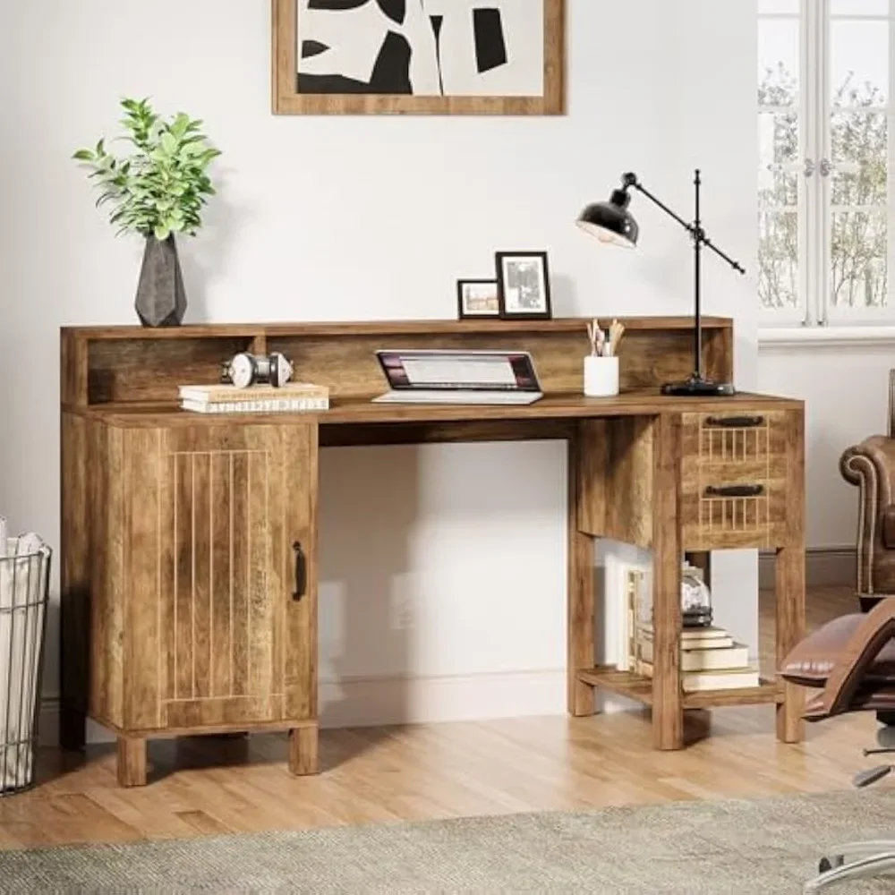 

55" Wood Executive Desk, Farmhouse Computer Desk with Drawers and Cabinet, Rustic Office Desk with Hutch and Storage Shelves