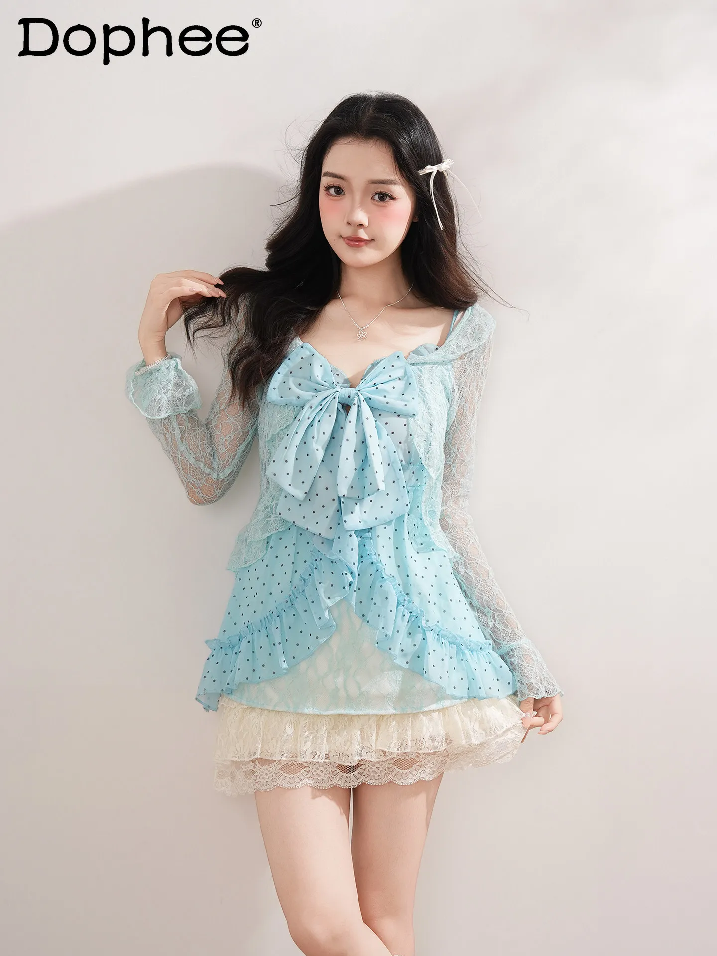 

Sweet Girl Mint Green Polka Dot Suspender Skirt Set 2026 Summer Daily Versatile Fashion Suspender Lace Cardigan Three-piece Set