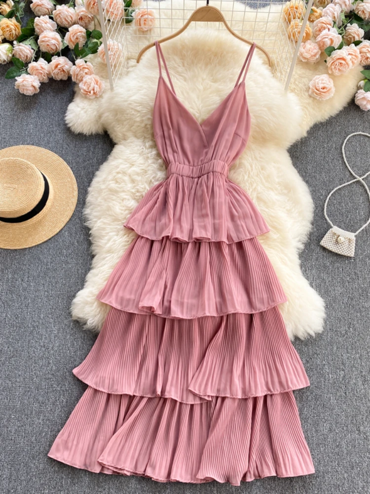 Women Beach Midi Dress 2021 New Summer Sexy V-neck Pleat Layer Ruffled Beach Dresses Ladies Elegant A Line Long Robe Vestido