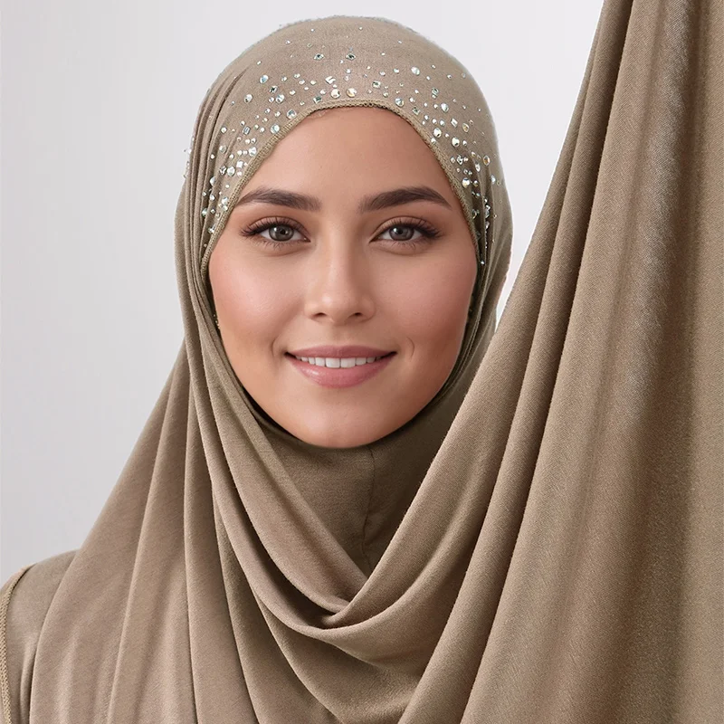 Muslim Rhinestone Cotton Jersey Instant Hijab Scarf For Woman Hijab Plain Shawl Wraps Irregular Ready To Wear Headband Scarves