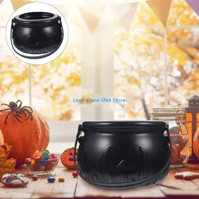 Y55Eキャンディコールドロンハロウィーンバケツ魔女バスケットプラスチックトリートブラックポットボウルケトルトリックカボチャホルダーまたはグッド写真