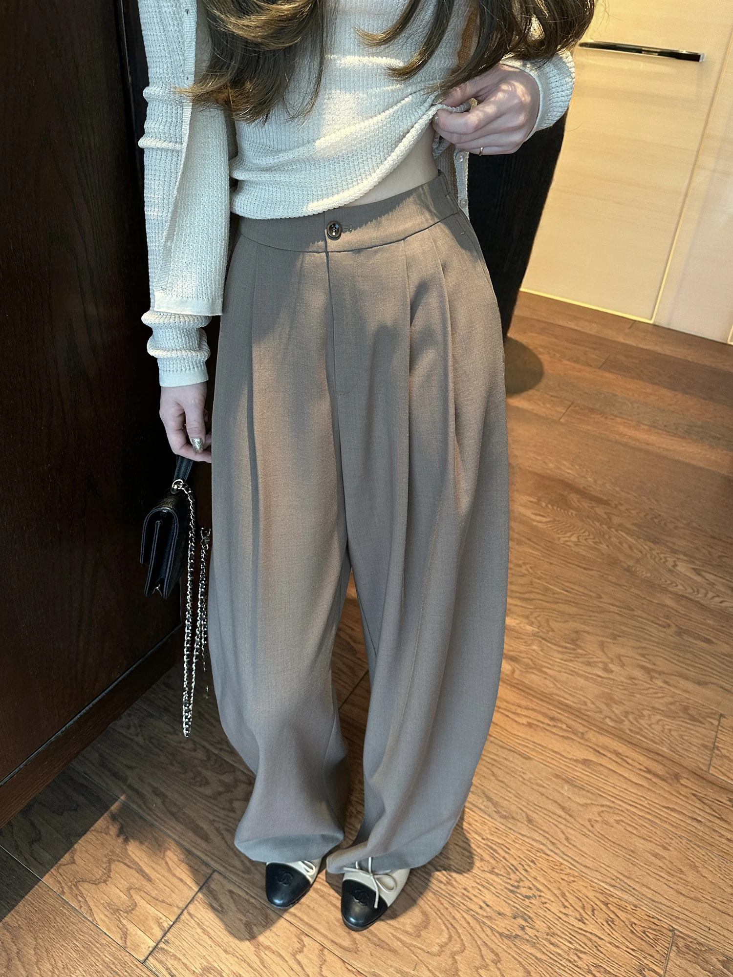 

Dabaoxi Supermodel Wide Leg Pants Double Color Lazy Elastic Waist Casual Straight Cut Long Trousers Faionable Polyester Fiber