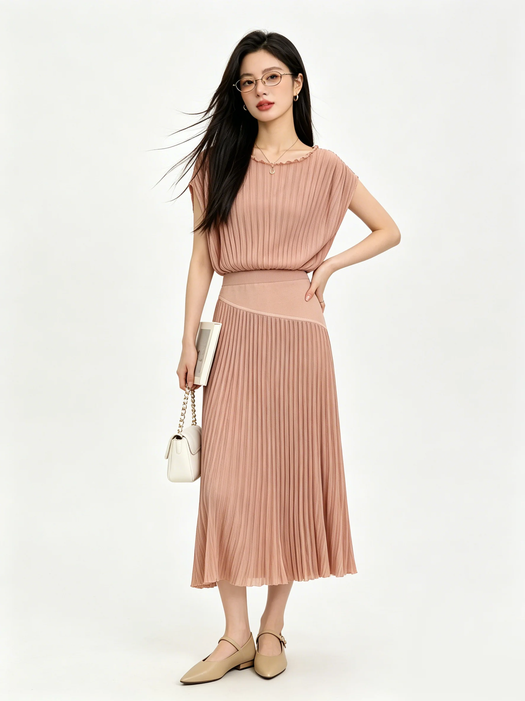 

Chic Color Korean Style Pleated Slimming Short Knitted Top High Waist Skirt Fashionable Commute Set Breathable Summer O...