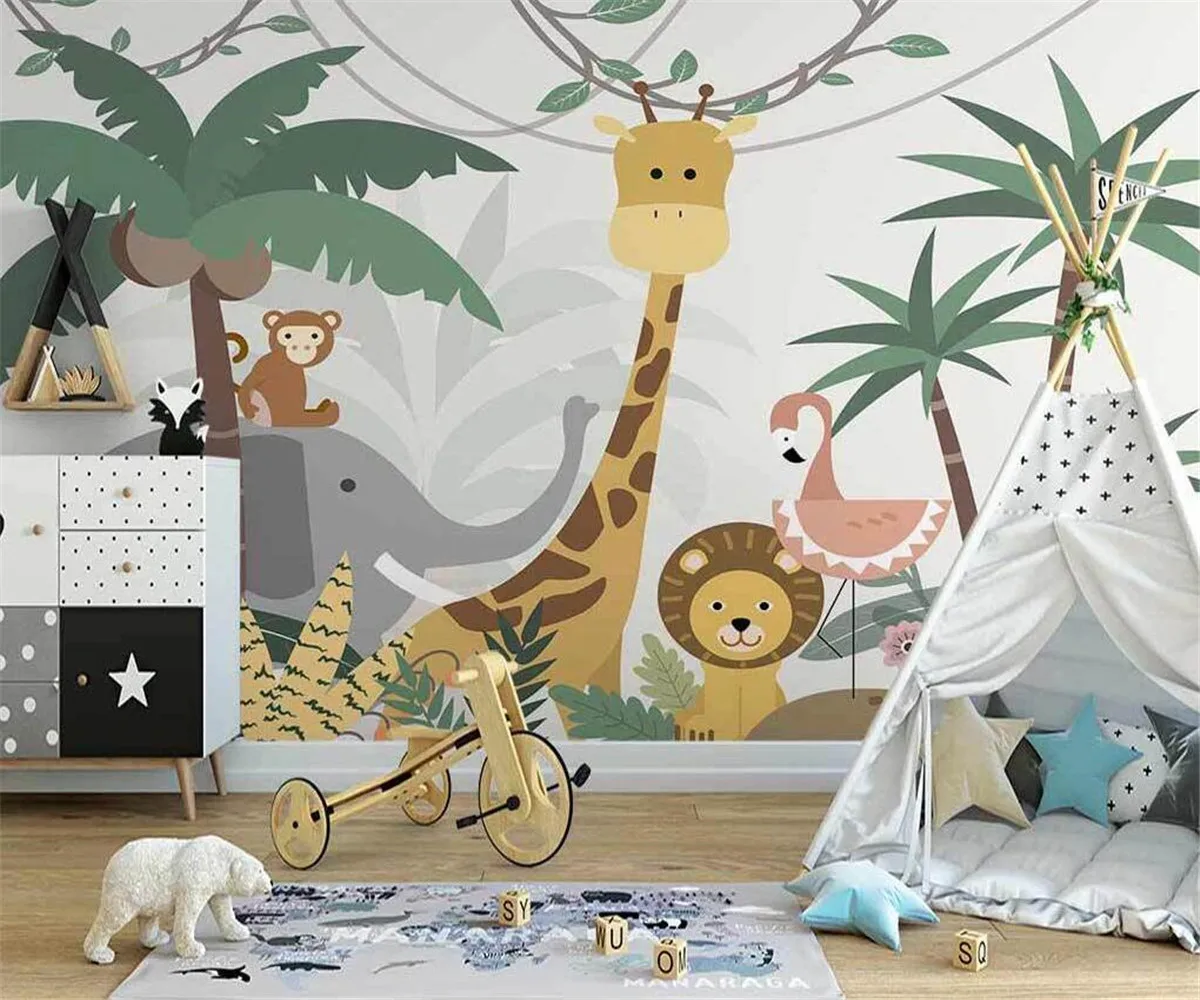 Custom size wallpaper cartoon decorative painting forest animal giraffe flamingo mural 3d wallpaper self-adhesive material mural