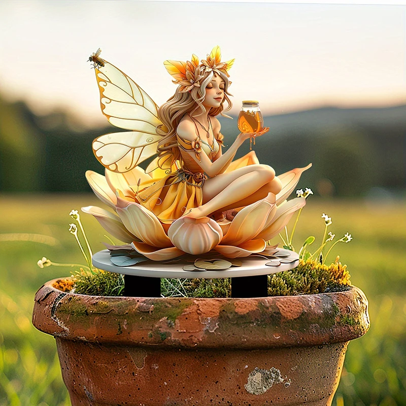 Fairy Bohemian Style Orange Ribbon Winged Fairy Honey Acrylic Garden Stake Courtyard Garden Ground Potted Plant Decoration