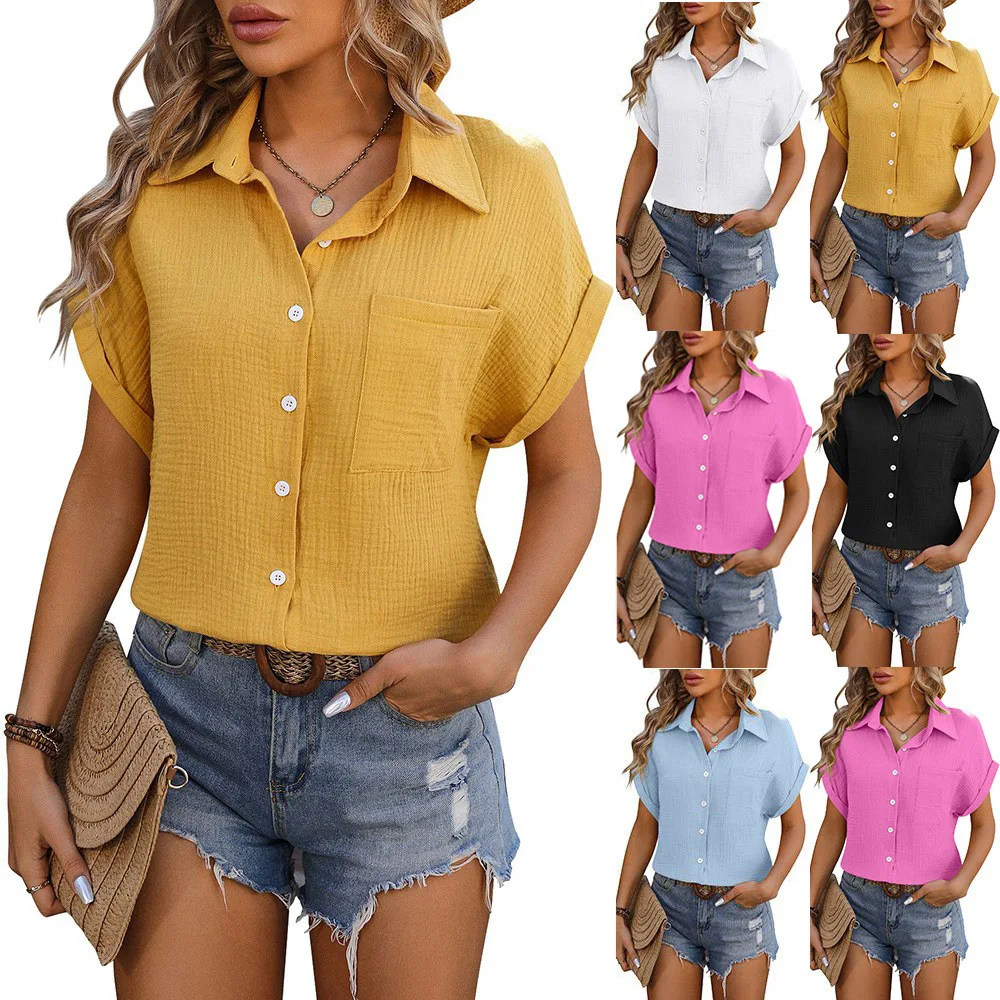 2024 Women\'s Summer Blouse Loose Short Sleeve Pocket Casual Wrinkled Fabric Shirt Women\'s Summer Top Female Multicolour T-shirt