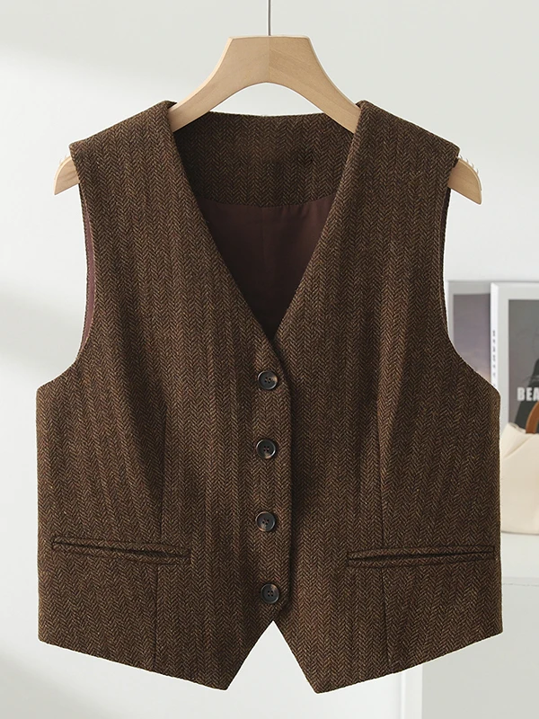 Loose Women's Woolen Suit Vest 2025 Spring Autumn New Style Layered Wear Old Money Style Button up V-Neck Regular Length