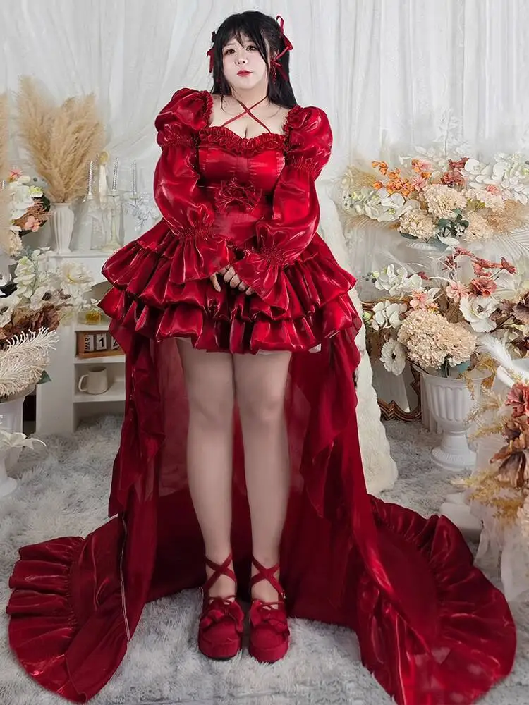 

New Large Size 200 Pounds No Man's Land Rose Wine Red Big Tail Show White Little Gift Skirt Silks And Satins Texture Dress