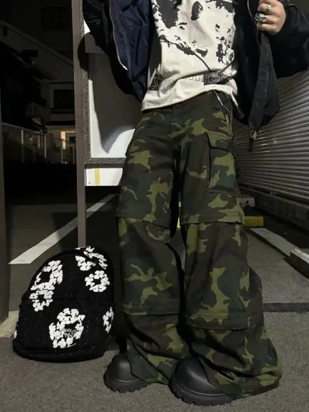 Street Loose Wide Leg Multi Pocket Jeans M65 กางเกงลายพราง Two Wear ชุดเอี๊ยมแบบถอดได้