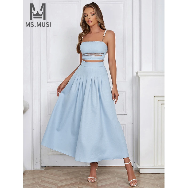 

MSMUSI 2024 New Fashion Women Sexy Two Piece Set Bodycon Party Pearl Strap Hollow Out Sleeveless Top Long Maxi Skirt Set Suit