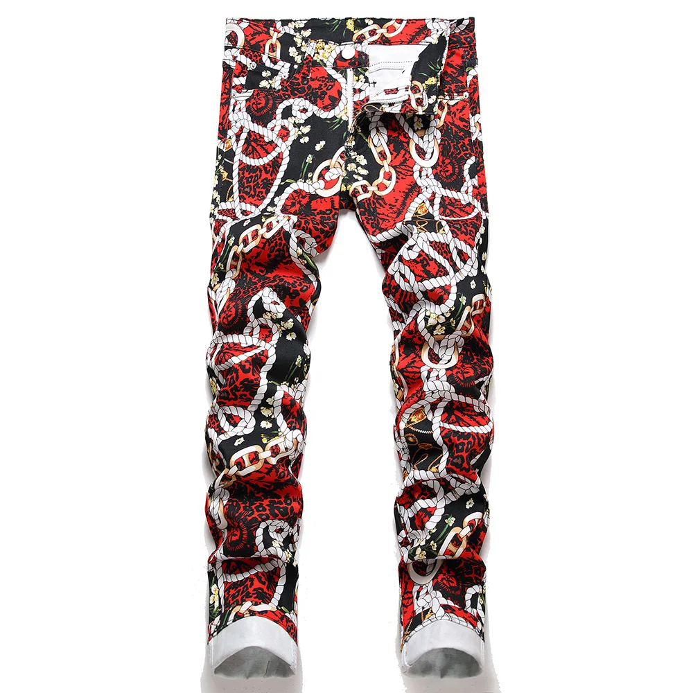 Men Chain Flower Leopard Print Jeans Fashion Digital Painted Stretch Cotton Denim Pants Slim Tapered Trousers