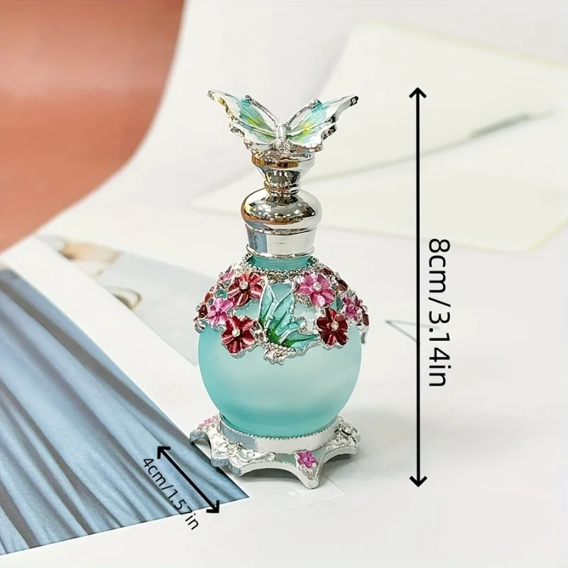 1 Pc 25ml Blue Butterfly Enamel Painted Dropper Glass Bottle Floral Accents Refillable Perfume Storage (Empty Bottle No Perfume)