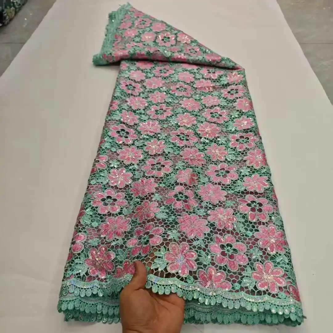 

HOT！ African 100%Cotton Cord Guipure Lace Fabric High Quality Nigerian French Bicolor Lace Fabric For Party Dress Sewing SZ673