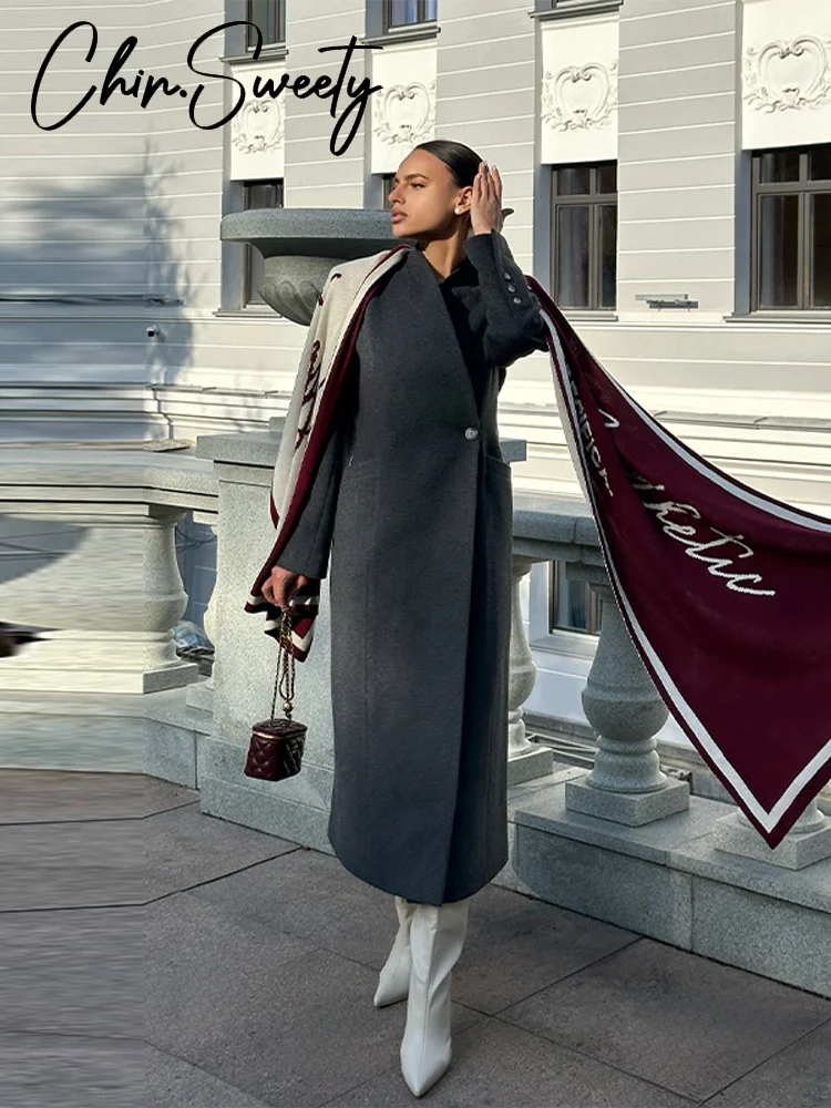 

Elegant Single-Button Women's Coat V-Neck Solid Full Sleeve Lady Long Coats 2025 Autumn Winter Chic Female Street Outerwear New