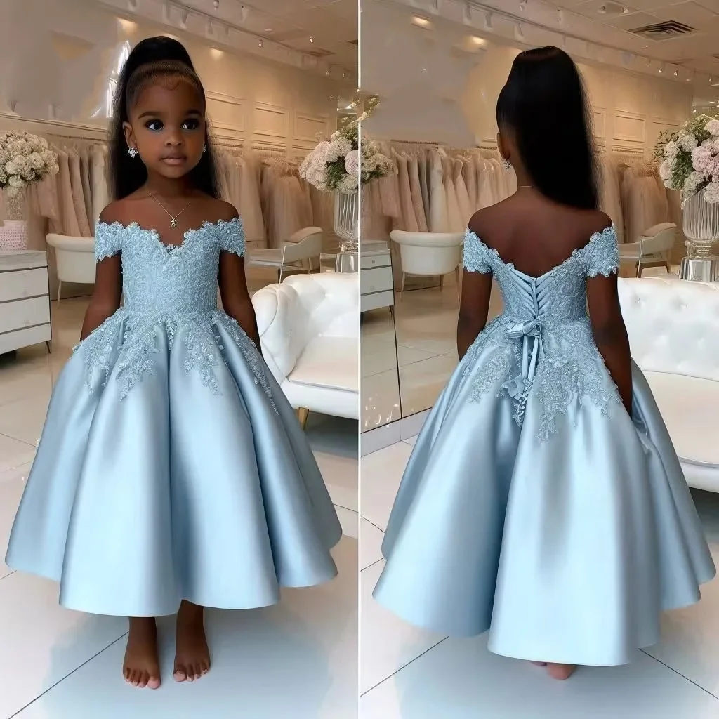 

Girls Off Shoulder Lace Applique Satin Ball Gown With Corset Back Elegant Design For Formal Occasions Weddings Flower Girl Birth