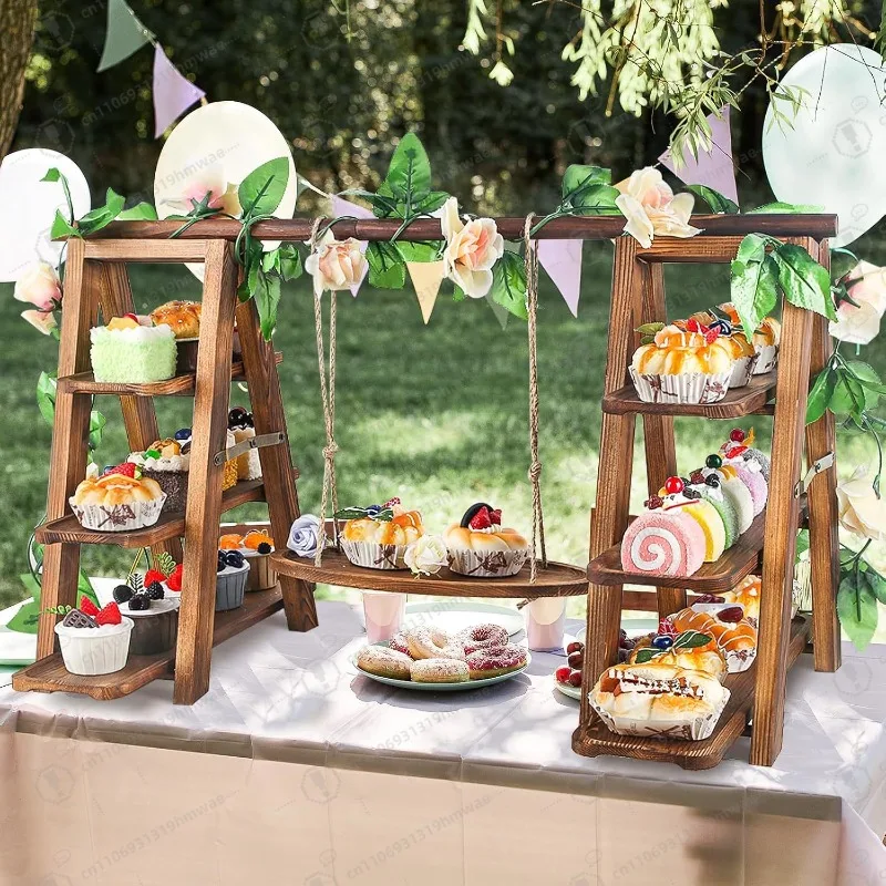 Wooden Three-tier Cupcake Stand with Swing and Floral Decoration: Removable Tray, Foldable Ladder