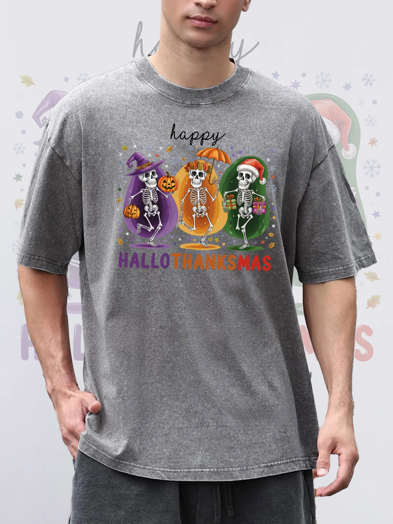 

Men's T-Shirts HALLOTHANKSMAS Printed Grey Short-Sleeve Crew Neck Loose Summer 100% Cotton Acid Washed Christmas Theme T-Shirt