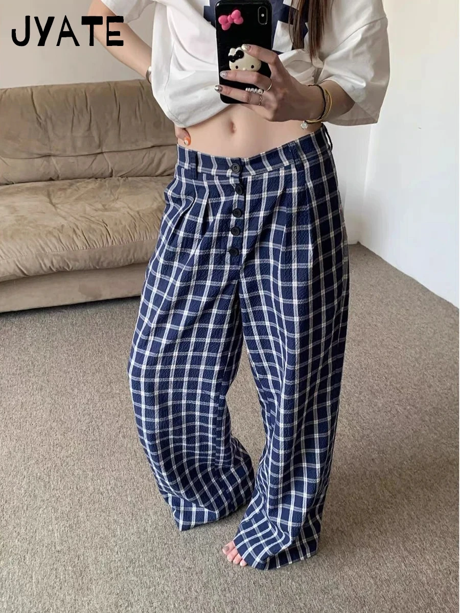 American Blue Plaid Straight Long Pant Women New Casual Buttons High Waist Pockets Loose Trousers Vintage Casual Baggy Pants Y2K