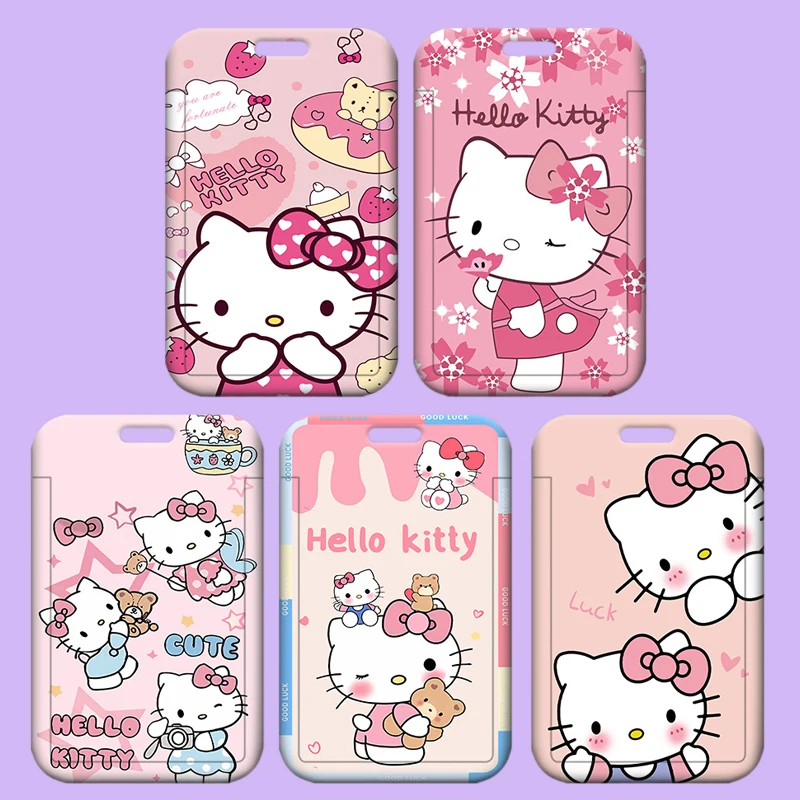 Kawaii Hello Kitty Photo Card Holder Sanrio KT Cat Telescopic Easy-Pull Buckle Card Sleeves Pendant Meal Card Bus Card Cover