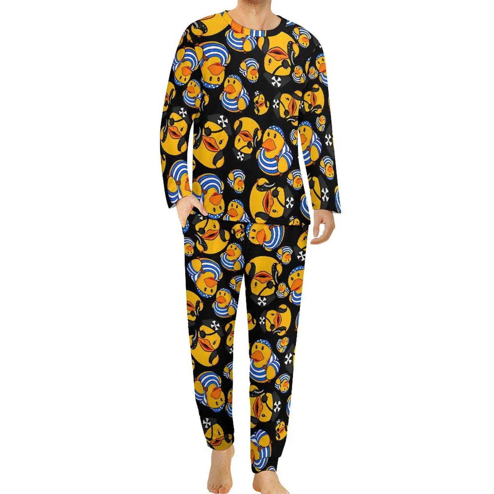 Pirate Rubber Ducks Print Pajamas Spring 2 Pieces  Retro Pajama Sets Male Long Sleeve Home Graphic Nightwear 3XL 4XL 5XL