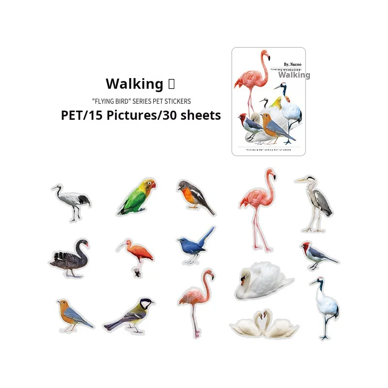 Bird Series PET Stickers Retro Art Ledger DIY Bird Material Decorative Stickers 30 Pieces