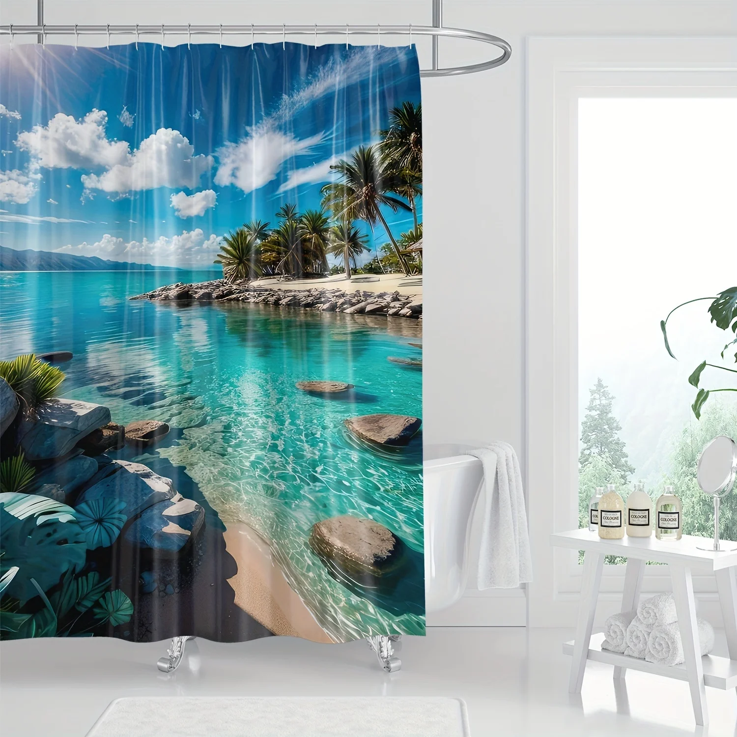 エレガントなトロピカルビーチシーンの防水シャワーカーテン – リラックスと楽園をイメージした雰囲気を演出します。