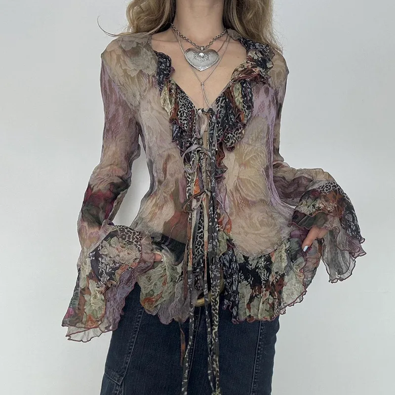 Autumn Flare Long Sleeve Loose Streetwear Blusa Retro Floral Print Ruffle Blouse Shirts Elegant V Neck Lace-up Hollow Women Tops