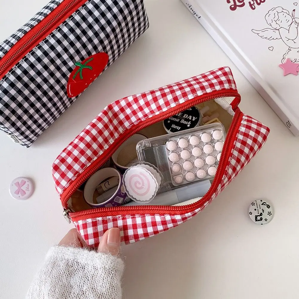 Multi-functional Canvas Pencil Case Large Capacity Storage Organizer Pencil Pouch Tomato Gingham Cosmetic Bag Home Travel