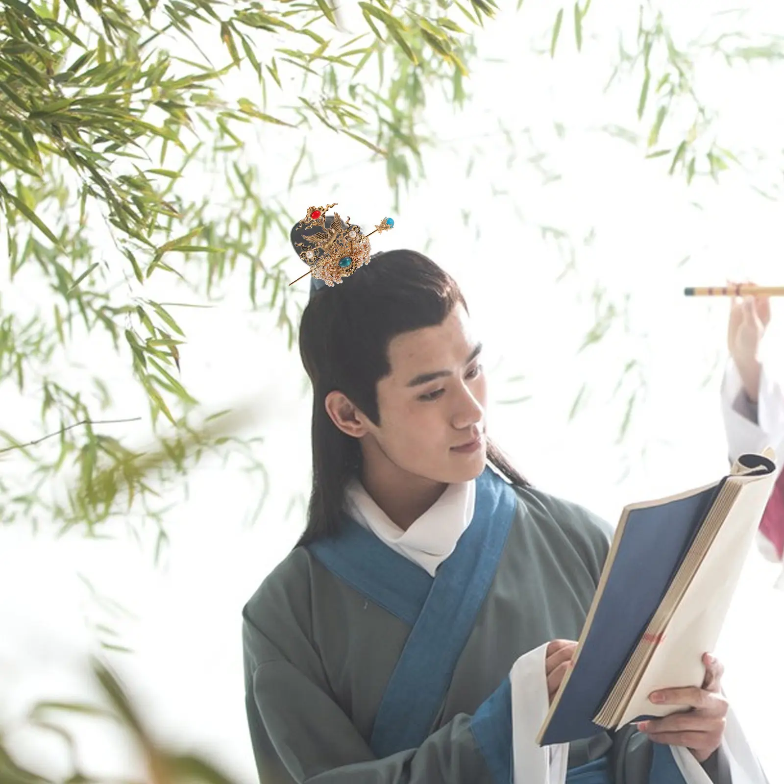 

Men Hanfu Hair Coronet Gold Ancient Hairpin Vintage Crane Gemstone Alloy Traditional Hair Clip for Cosplay Stage Performance