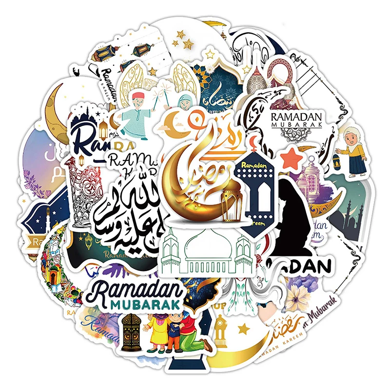 50pcs Eid Mubarak Cartoon Stickers Ramadan Decorations Lable Decals Islamic Muslim Eid Al-Fitr Vinyl Waterproof Sticker Supplies