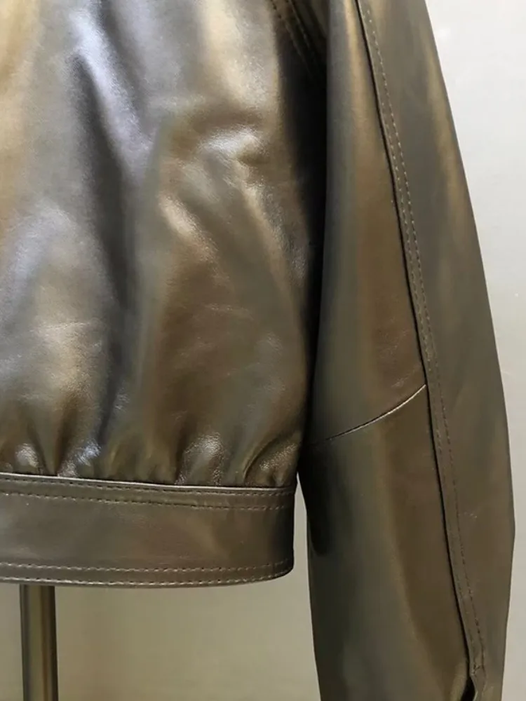 Estilo conciso cor sólida couro genuíno feito à mão jaqueta solta manga longa pele de carneiro zíper bolso feminino casaco de alta qualidade