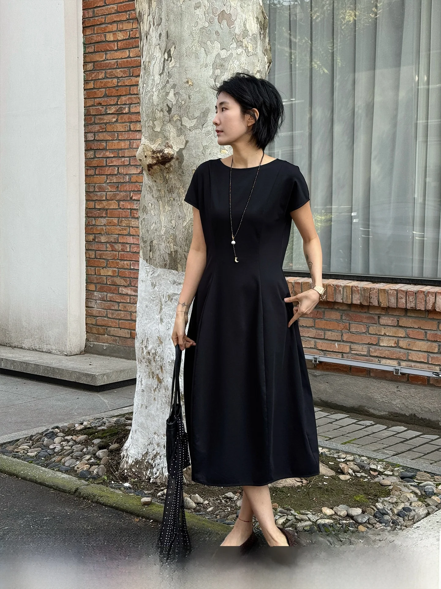 

Black A-Line Dress Women's Summer New Style Commute Style Cotton Blend Fabric Zipper Closure Slim Fit round Neck Dress