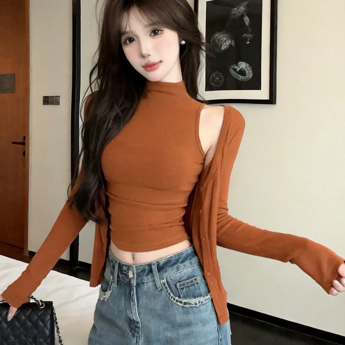 Slimming High Neck Long Sleeve Knitted Vest Autumn Winter Casual Fashion Women's Top Set Casual Style Composite Fabric Ladies...