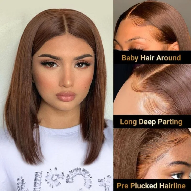 Dark Brown Short Bob Wig Human Hair Straight 13x4 Lace Front Human Hair Wigs Pre Plucked Hairline Free Part Wigs For Women