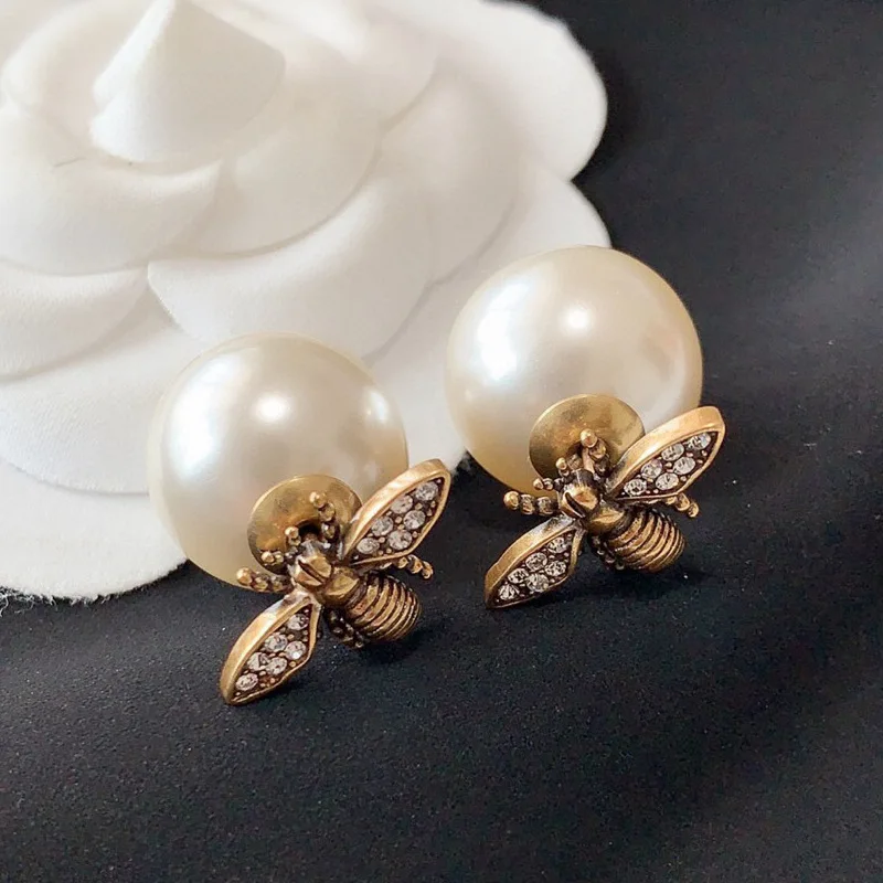 S925Silver Needle European American Retro Bee Front Rear Dual-Wear Pearl Stud Earrings Brass All-Match Simple and Stylis