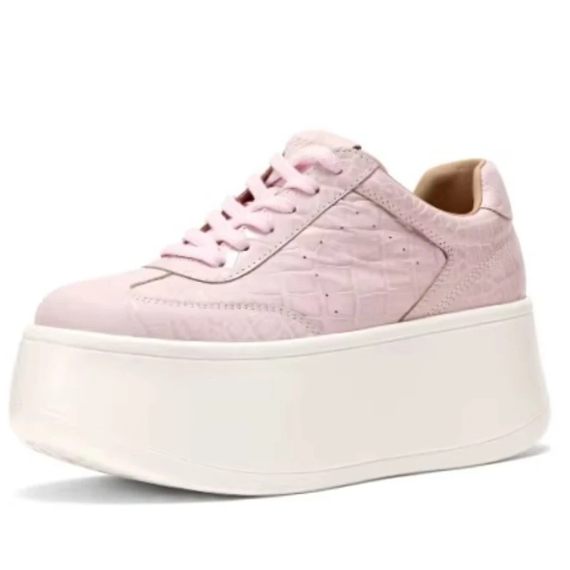 Cherry Blossom Pink Street Casual Sports Shoes for Women's Genuine Leather Height Increasing Shoes Comfortable Chunky Sneakers