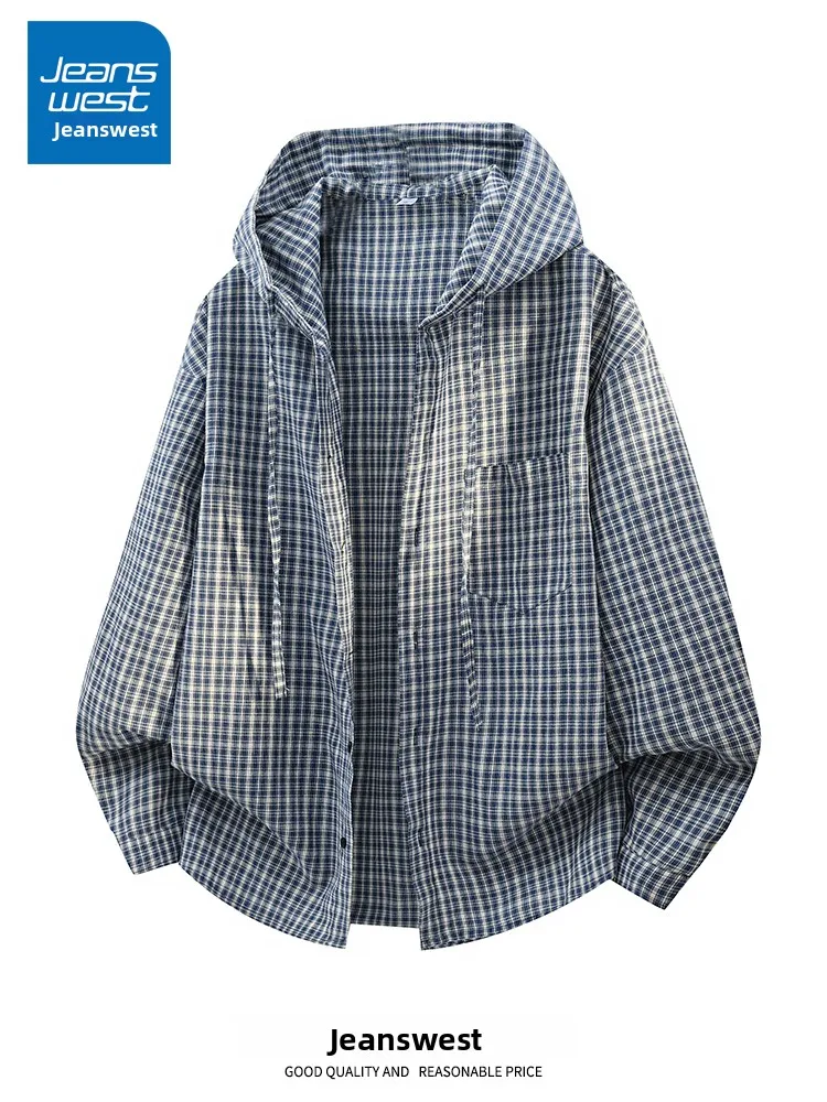Jeanswest Men's Summer New Loose Casual Thin Sun Protection Shirt Hooded Classic Plaid Outerwear Long Sleeve Polyester Cotton