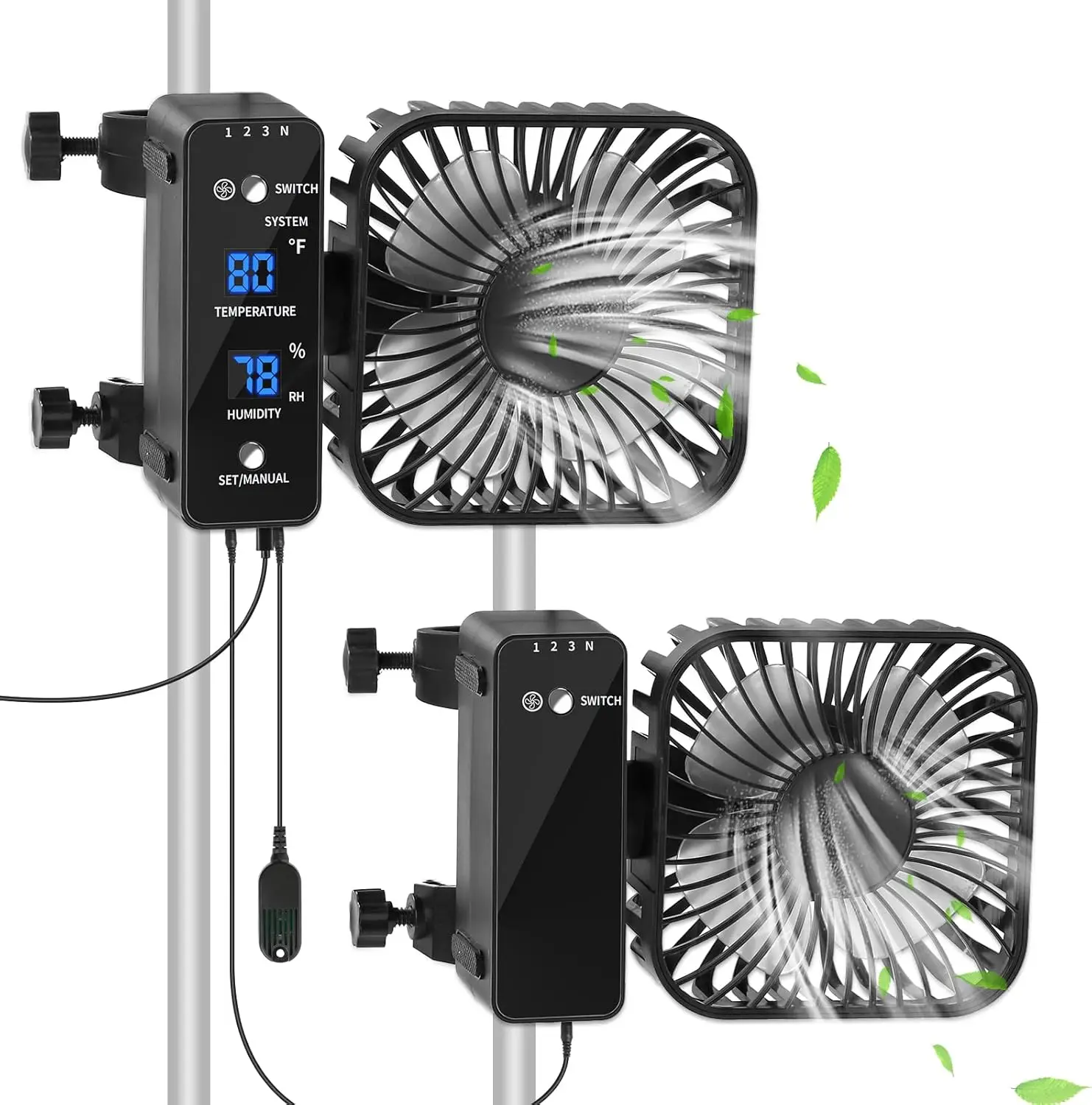 

4-дюймовый двойной вентилятор с контролем температуры и влажности, осциллирующий для выращивания палаток и теплиц, регулируемая скорость, тихая работа