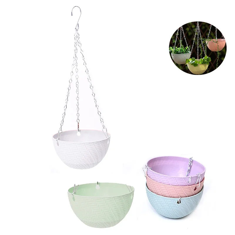 1Set Attractive Woven Look Chain Hanging Planters Flower Pot Basket Imitation Rattan Weaving For Indoor And Outdoor Use