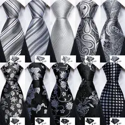 Designer Ties for Men Gray Black Silver White Solid Striped Paisley Plaid Floral Neck Tie Pocket Square Cufflinks Set Barry·Wang