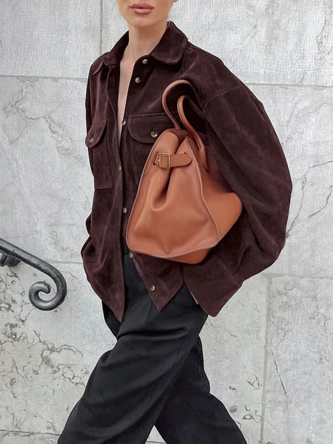 معطف نسائي كاجوال من الجلد، ملابس خارجية عصرية للشارع بدون نمط تزيين أنيق #5